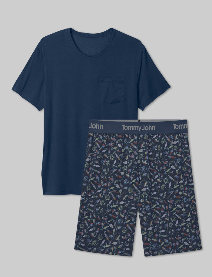 Second Skin Sleep Pocket Tee & Short Set::Dress Blues/Fishing Lures