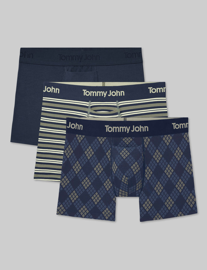 Second Skin Trunk 4" (3-Pack)::Dress Blues/Oil Green Varsity Stripe/Dress Blues Diamond Plaid
