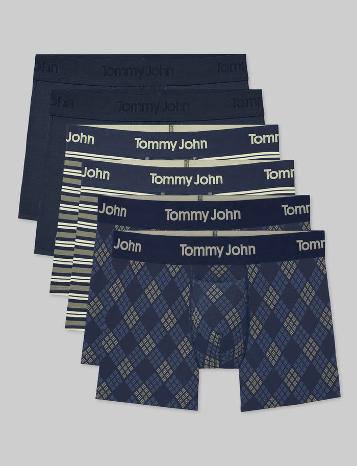Second Skin Trunk 4" (6-Pack)::Dress Blues/Oil Green Varsity Stripe/Dress Blues Diamond Plaid