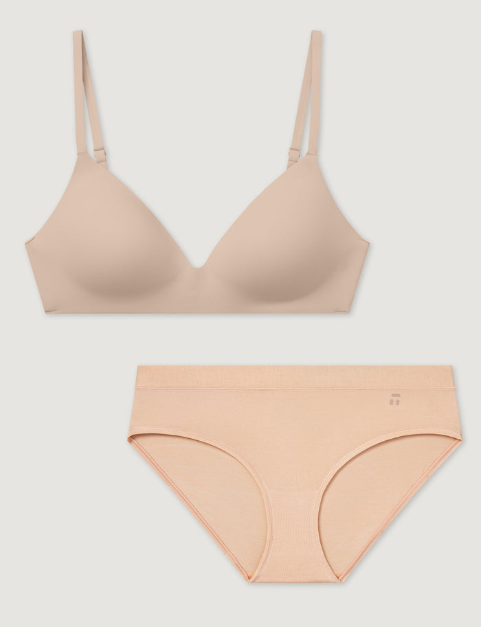 Second Skin Smoothing Wireless T-Shirt Bra & Brief Set::Shifting Sand