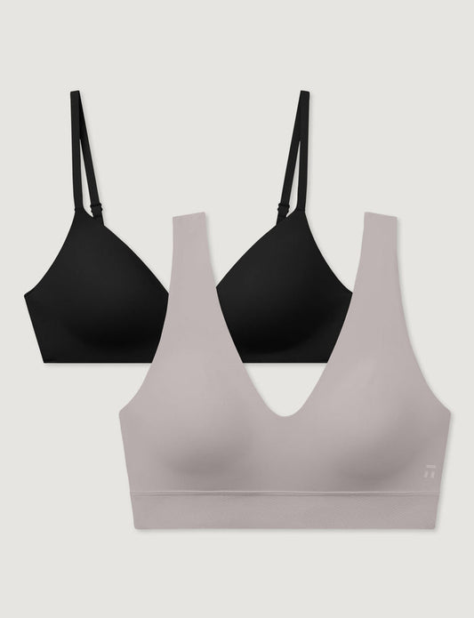 Second Skin Wireless T-Shirt Bra & Pullover V-Neck Bra (2-Pack)::Black/Ashes of Roses
