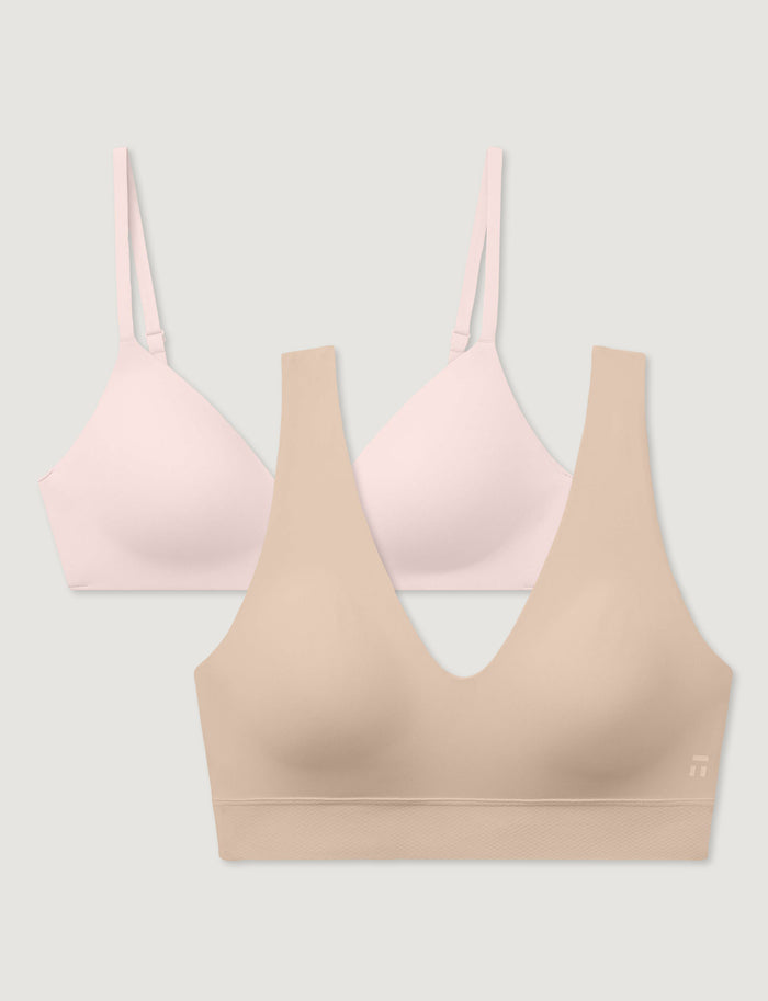 Second Skin Wireless T-Shirt Bra & Pullover V-Neck Bra (2-Pack)::Rosewater/Shifting Sand