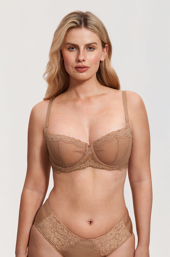 Women's Sexy Mesh Lace Balconette Bra Gravel Beige