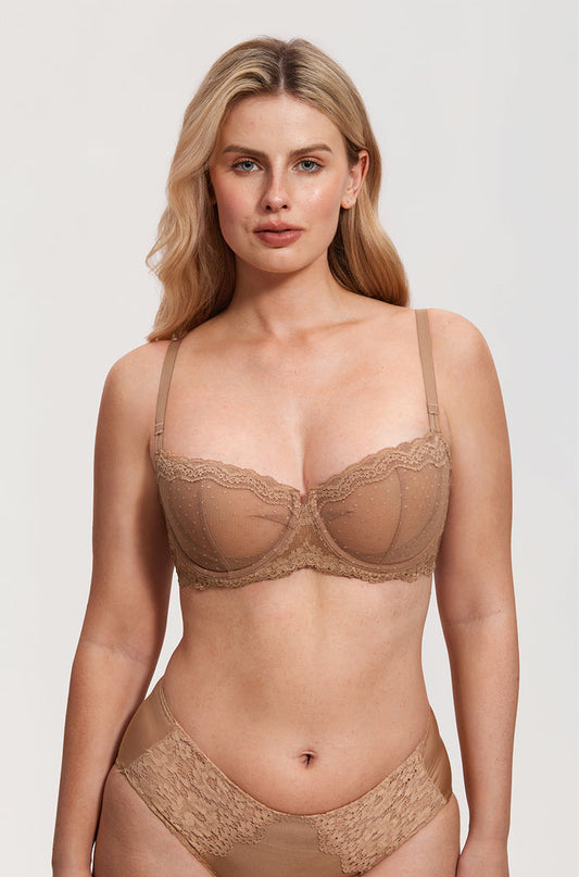 Women's Sexy Mesh Lace Balconette Bra Gravel Beige