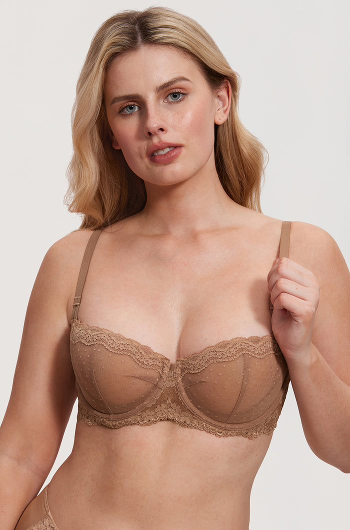 Women's Sexy Mesh Lace Balconette Bra Gravel Beige