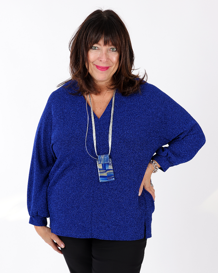 Shimmering royal blue top V neck - Mat