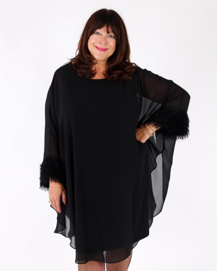 Silky Knit & Chiffon Layered Dress with Fringe Detail black - Joseph Ribkoff