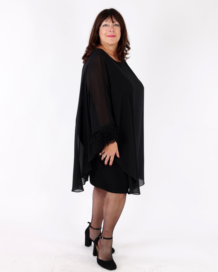 Silky Knit & Chiffon Layered Dress with Fringe Detail black - Joseph Ribkoff