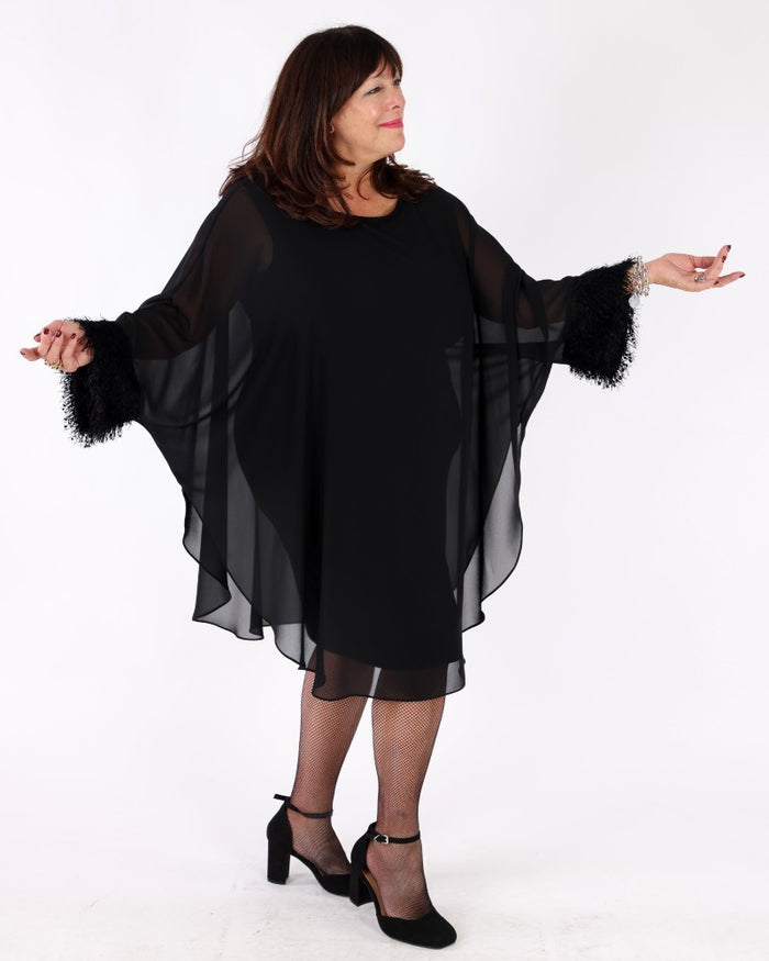 Silky Knit & Chiffon Layered Dress with Fringe Detail black - Joseph Ribkoff