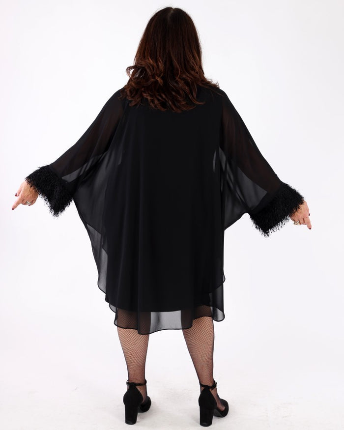 Silky Knit & Chiffon Layered Dress with Fringe Detail black - Joseph Ribkoff