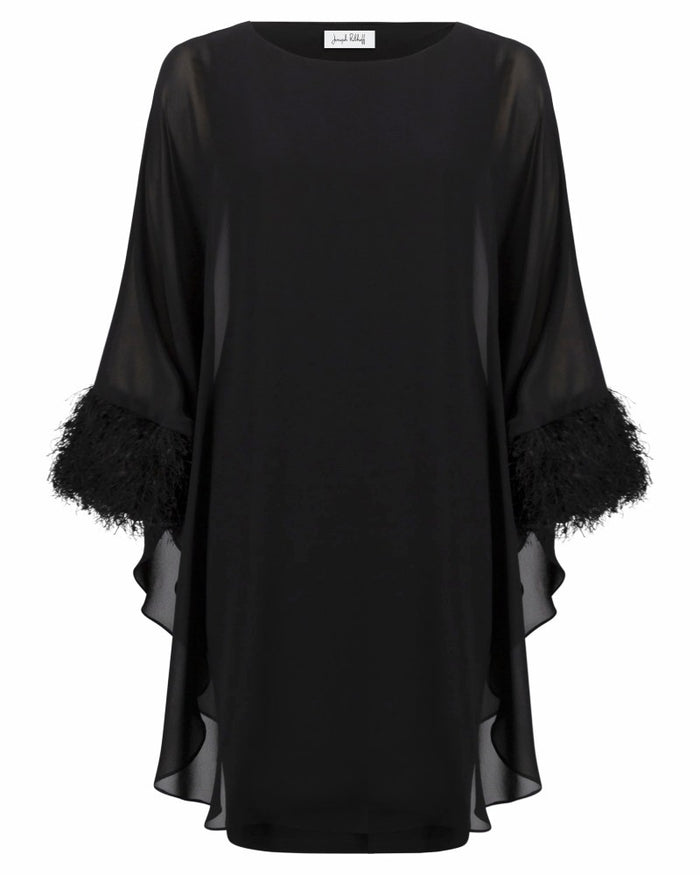 Silky Knit & Chiffon Layered Dress with Fringe Detail black - Joseph Ribkoff
