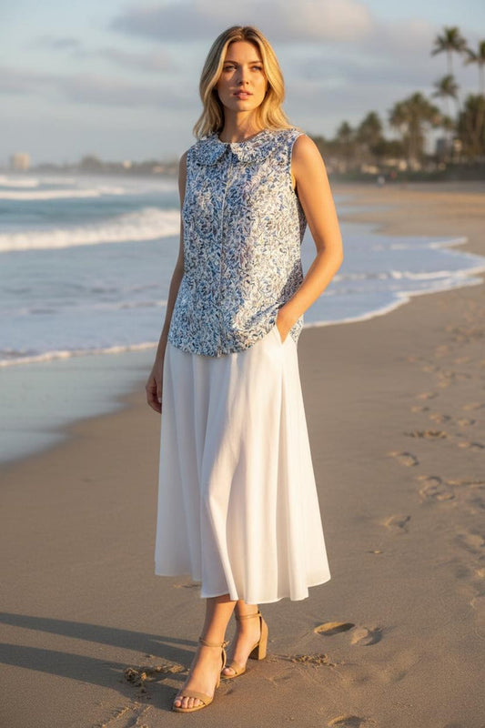 Sleeveless Liberty Woman Top: Ruffle Peter Pan Collar, Floral Print Blouse