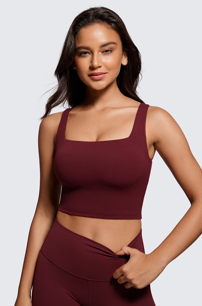 CRZ YOGA Women's Square Neck Longline Sports Bra Red Merlot