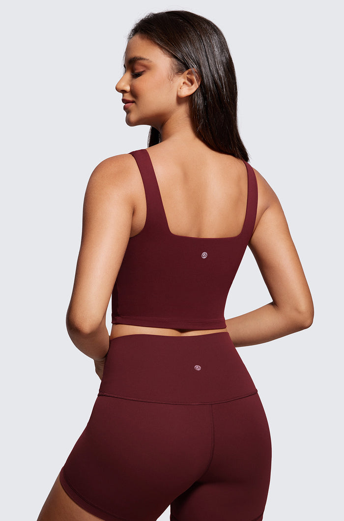 CRZ YOGA Women's Square Neck Longline Sports Bra Red Merlot