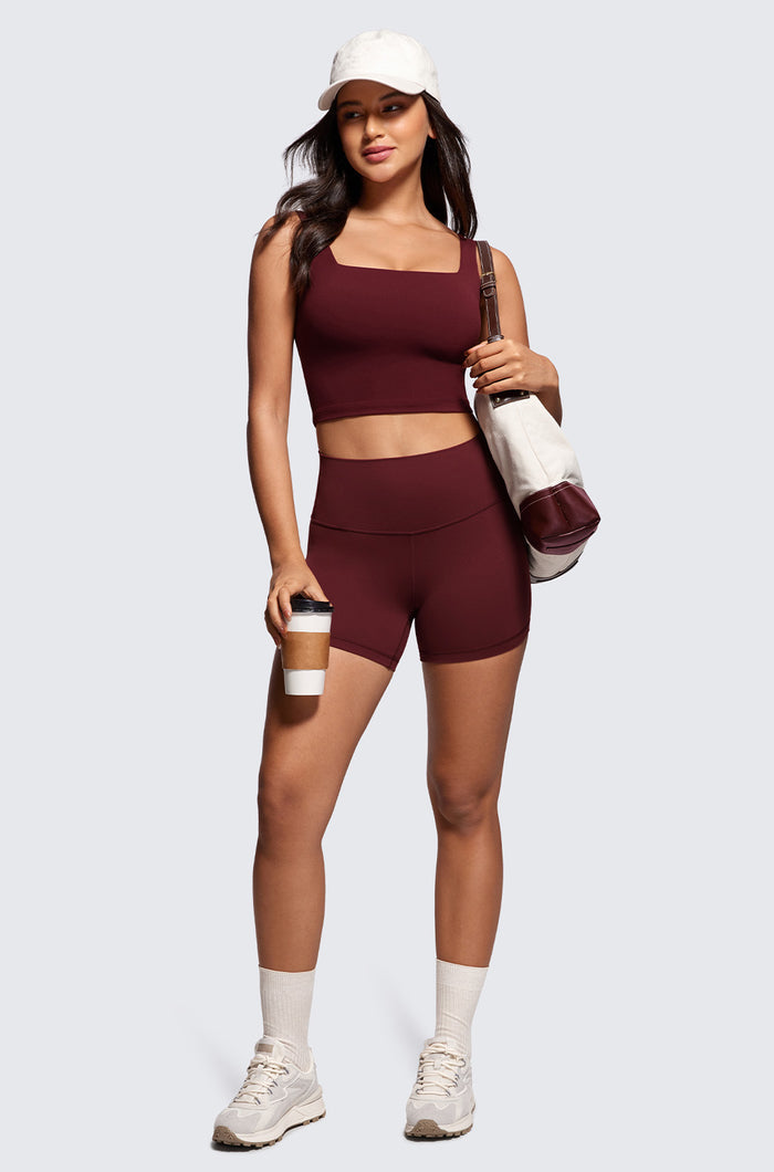 CRZ YOGA Women's Square Neck Longline Sports Bra Red Merlot