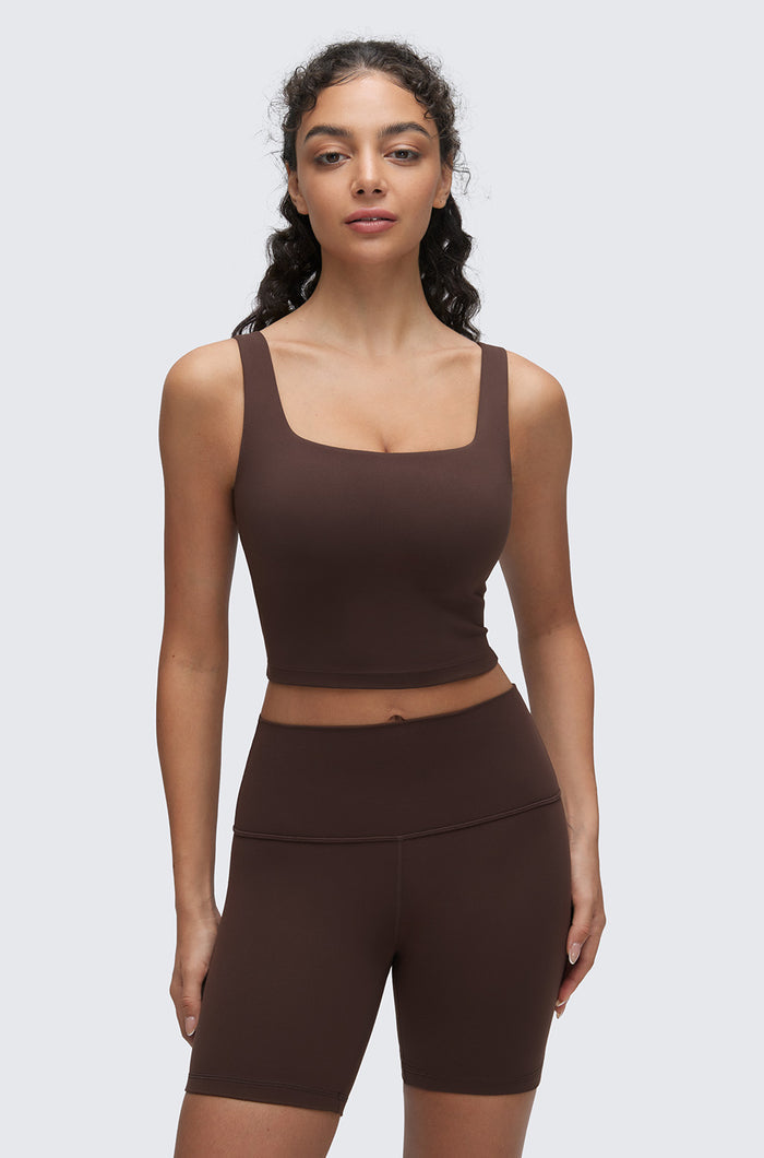 CRZ YOGA Women's Square Neck Longline Sports Bra Hot Fudge Brown