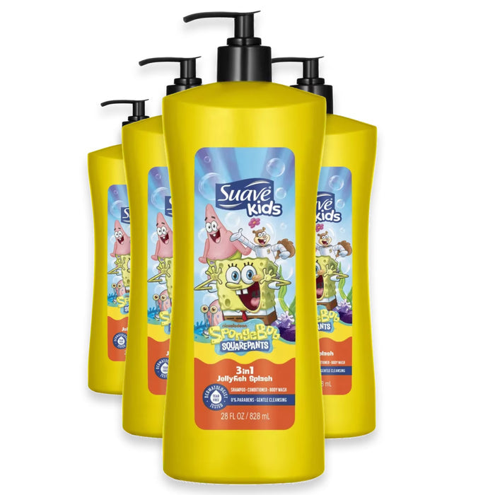 Suave Kids SpongeBob Jellyfish Splash 3-in-1 Shampoo Conditioner & Body Wash 28 oz - 4 Pack