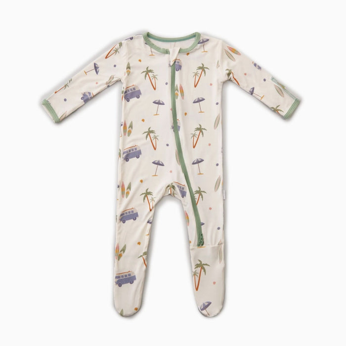 Bamboo baby footie with colorful surfboard pattern, front view