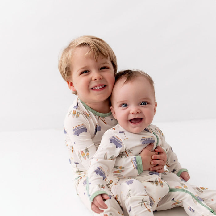 Surfboard bamboo footie pajama, lifestyle shot