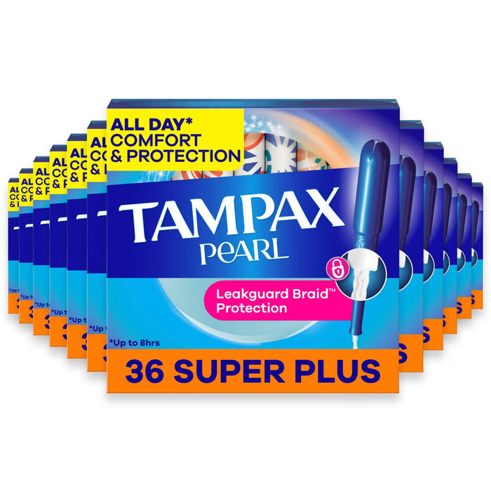 Tampax Pearl Tampons Super Plus Absorbency with LeakGuard Braid Unscented 36 Ct - 12 Pack