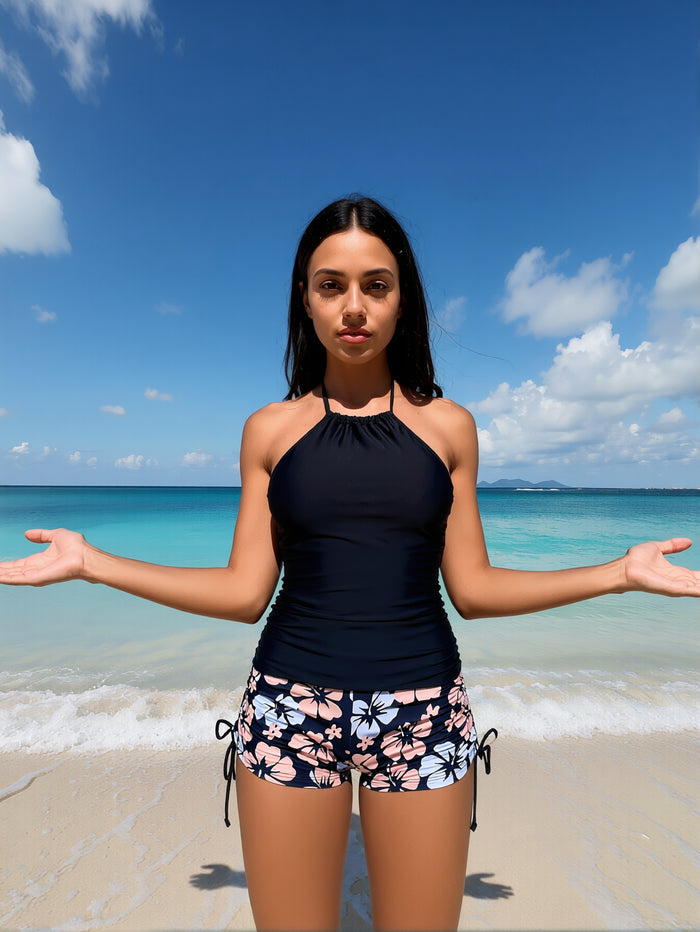 Tankini Swimsuit for Women Slimming Tummy Control Two Piece Bathing Suit Drawstring Swimwear Tank Top with Skirt