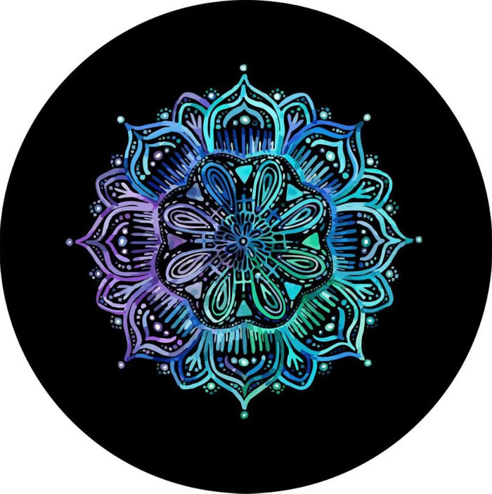 Teal and purple mandala flower design for a black vinyl spare tire cover for Jeep, Bronco, RV, trailers, campers, and more
