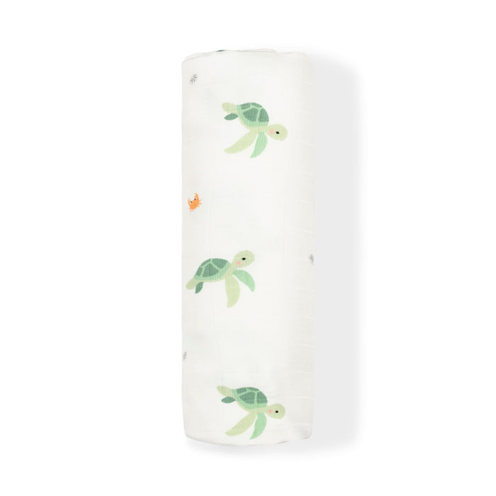 Turtle print bamboo muslin swaddle blanket
