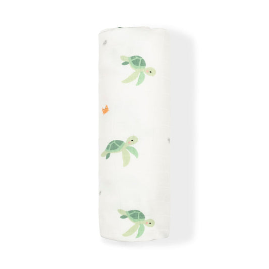 Turtle print bamboo muslin swaddle blanket