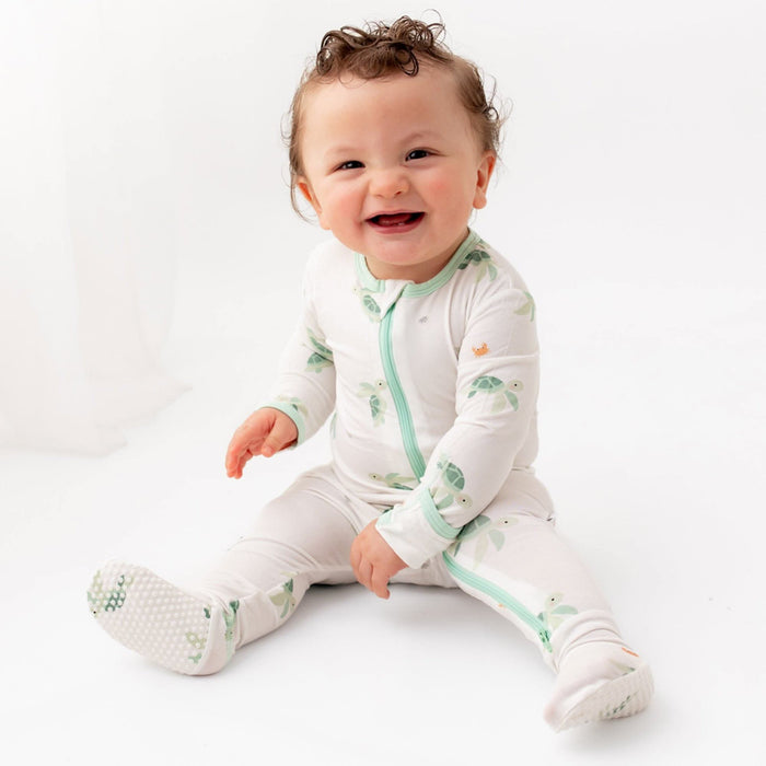 Turtle print bamboo zippered baby footie pajama