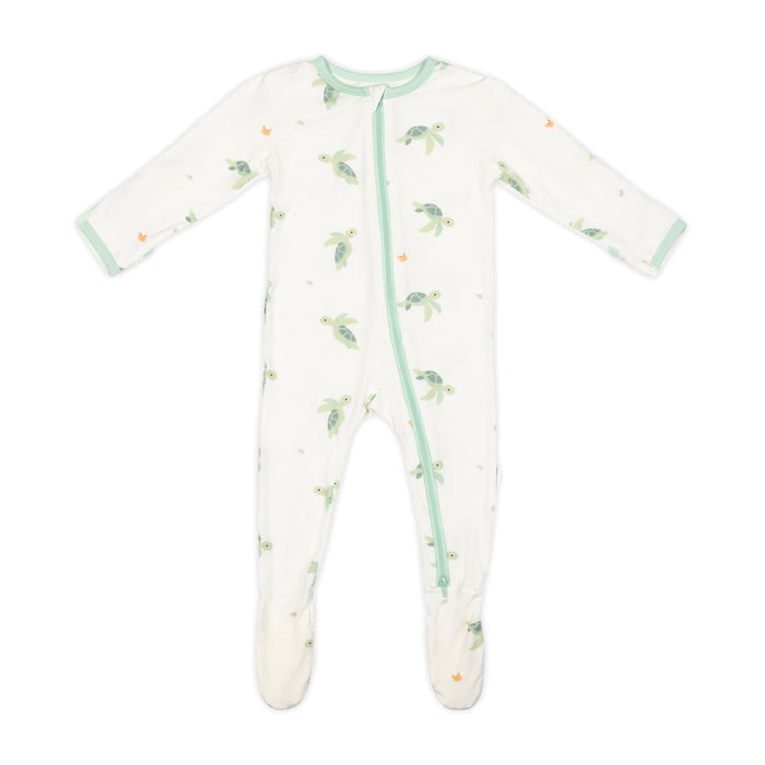 Turtle bamboo zippered sleeper footie, front view