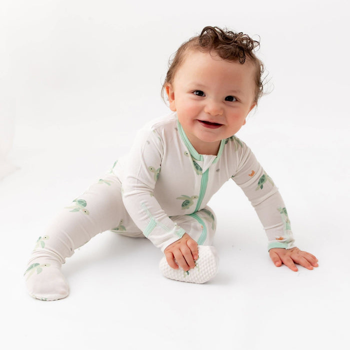 Turtle print baby footie, bamboo fabric