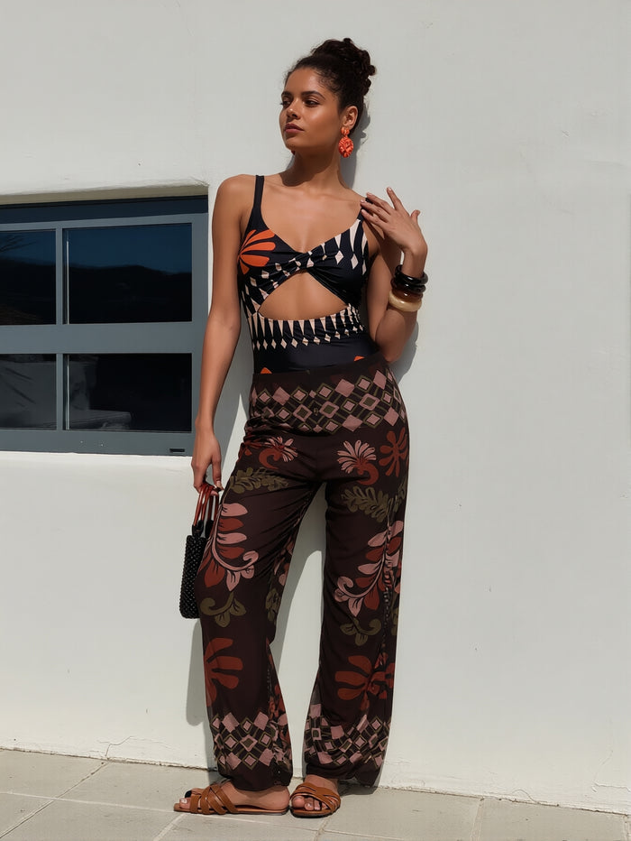 Two Piece Sets for Women Sexy Printing Halter Bandage Top Long Straight Pants Vacation Outfits Beach