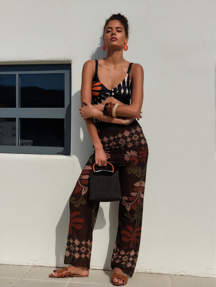Two Piece Sets for Women Sexy Printing Halter Bandage Top Long Straight Pants Vacation Outfits Beach