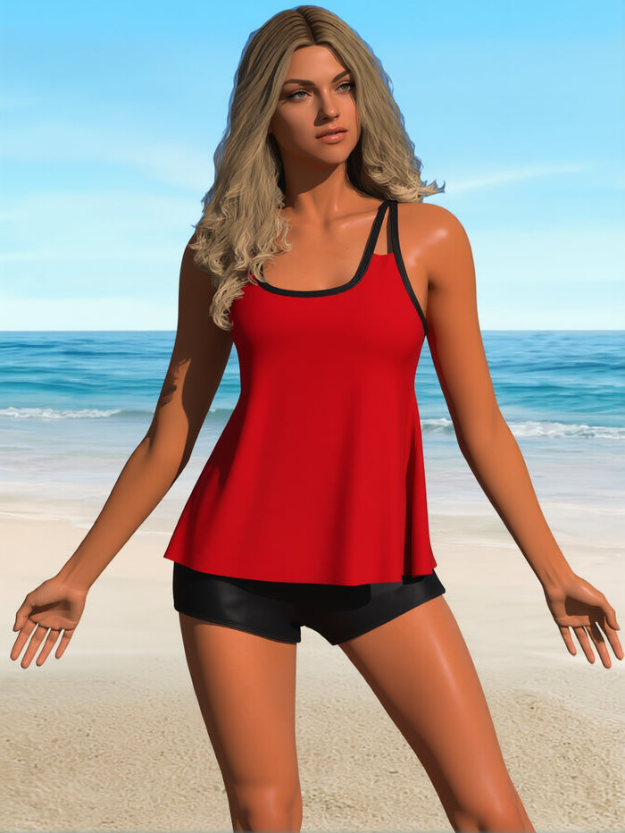 Two Piece Women's Tankini Swimsuits Blouson Swim Tank Top with Shorts Modest Bathing Suits