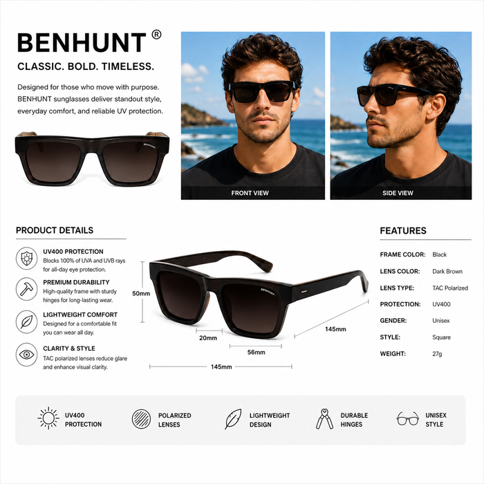 Upgrade your style with BENHUNT Square Polarized Sunglasses.