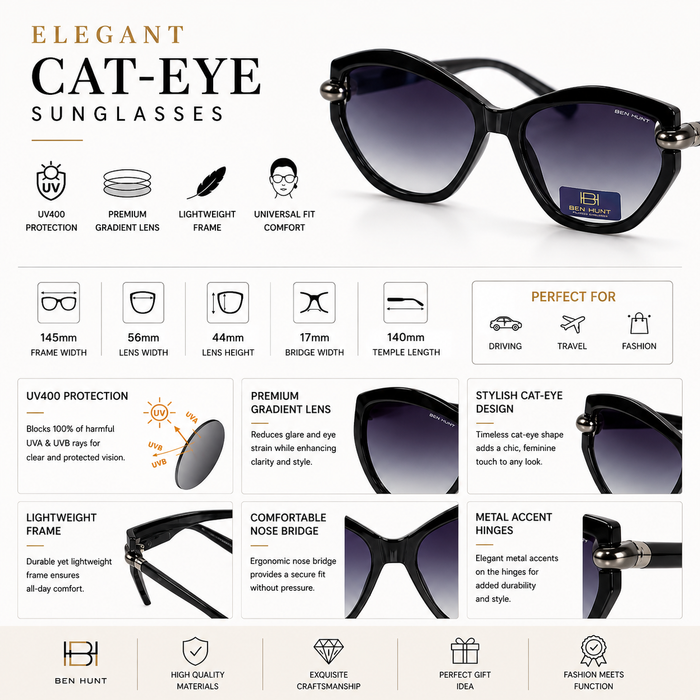 Upgrade your style with these elegant BEN HUNT Polarized Cat Eye Sunglasses.