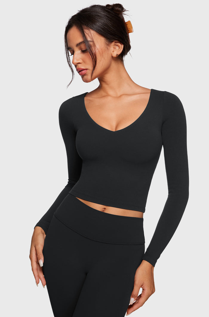 Women's Natrelax V-Neck Long Sleeve Tops Black