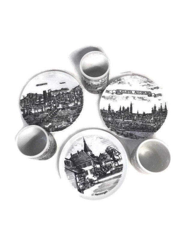 Vintage German Porcelain Shot Glasses and Coasters, Set of 6 at Duckwells