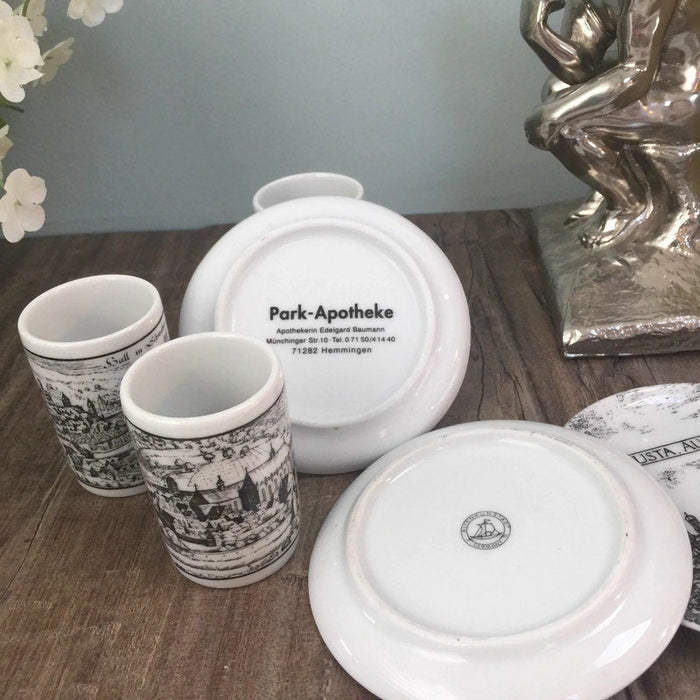Vintage German Porcelain Shot Glasses and Coasters, Set of 6 at Duckwells