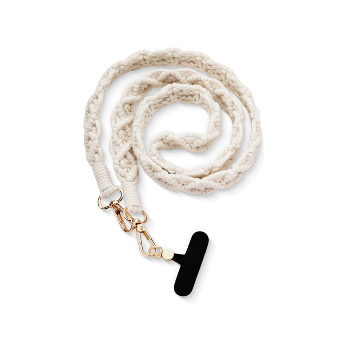 Natural-colored macramé crossbody strap with golden clips and adapter card  | Gifts that fight human trafficking
