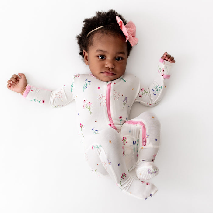 Wildflower print bamboo zippered baby footie pajama