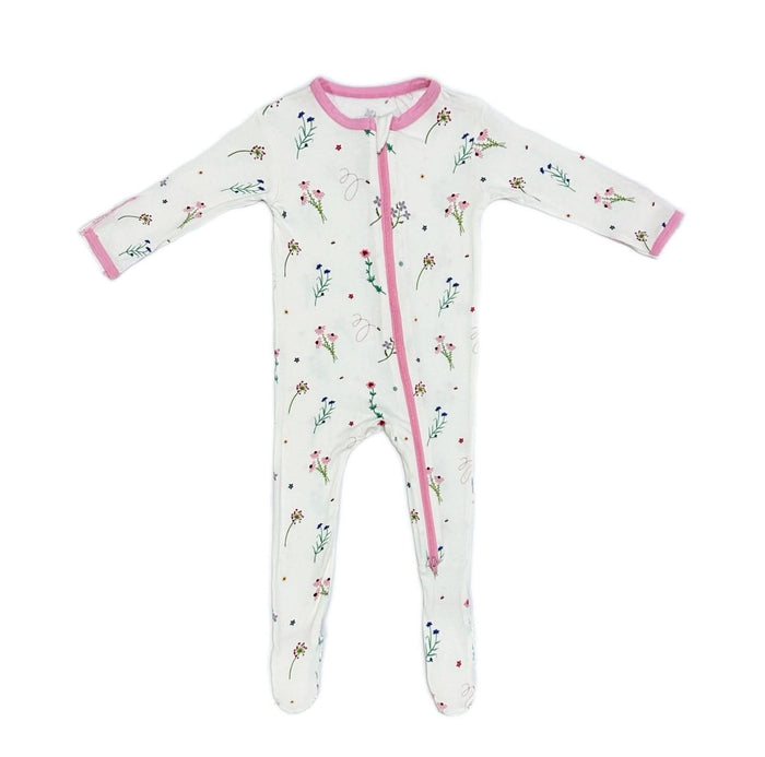 Wildflower print bamboo baby footie flat lay