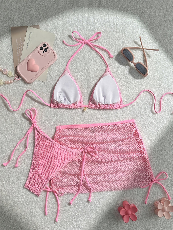 Women 3 Piece Swimsuits - Sexy Triangle Bikini Sets with Cover Up Halter String Suits