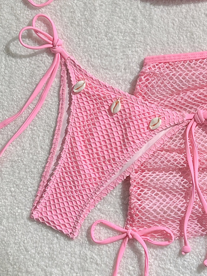 Women 3 Piece Swimsuits - Sexy Triangle Bikini Sets with Cover Up Halter String Suits