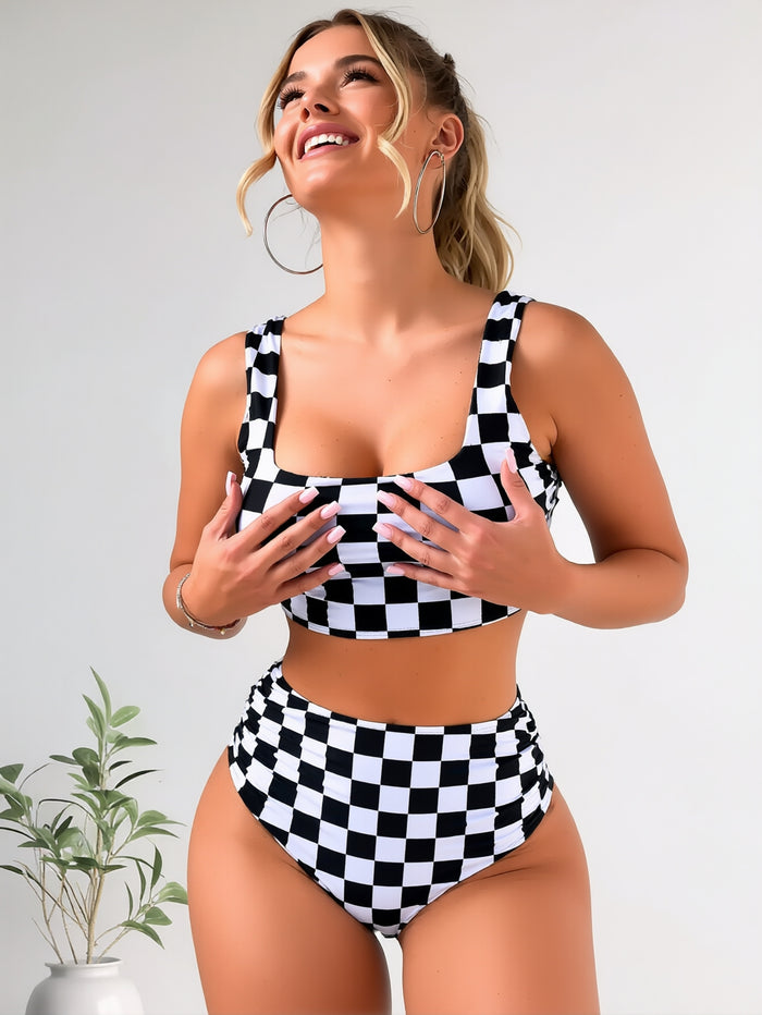 Women High Waisted Bikini Sets Color Block Summer Beach Vacation 2 Piece Bathing Suit Tummy Control Swimsuit