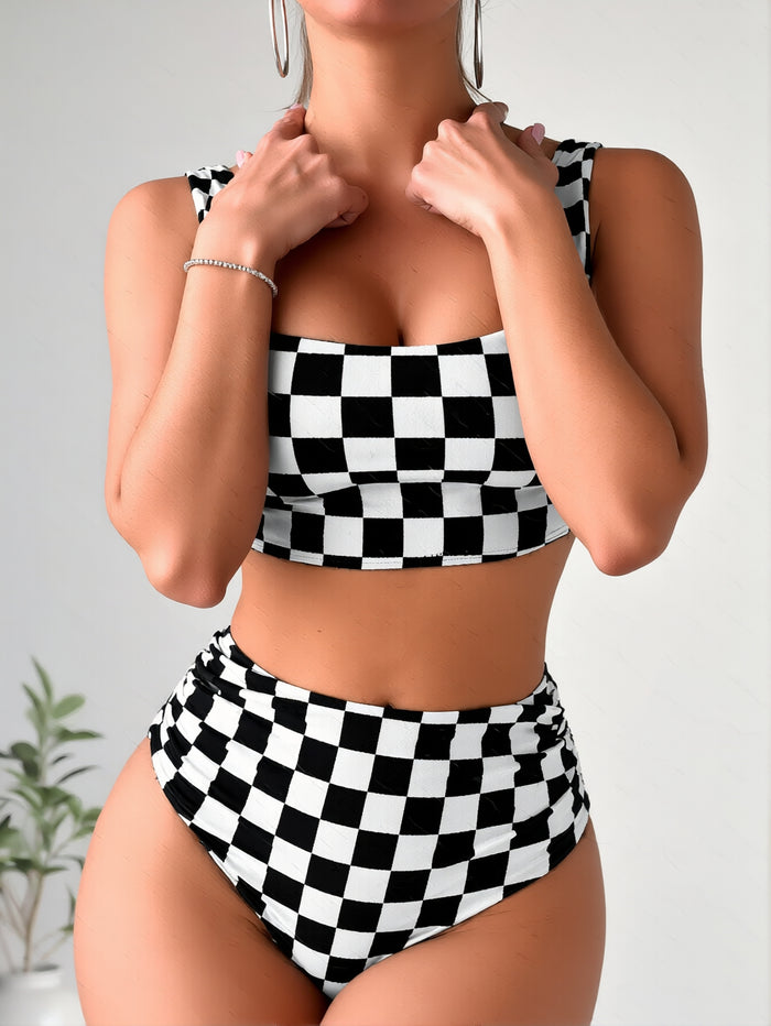 Women High Waisted Bikini Sets Color Block Summer Beach Vacation 2 Piece Bathing Suit Tummy Control Swimsuit