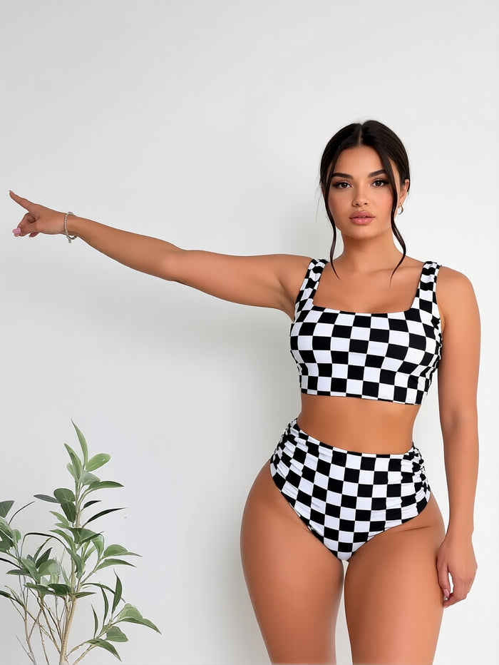 Women High Waisted Bikini Sets Color Block Summer Beach Vacation 2 Piece Bathing Suit Tummy Control Swimsuit