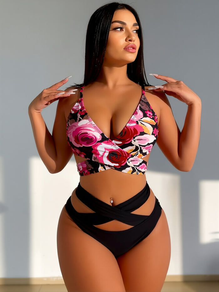 Women Mesh High Waisted Bikini Set Sexy V Neck Tummy Control Swimsuit Bathing Suit