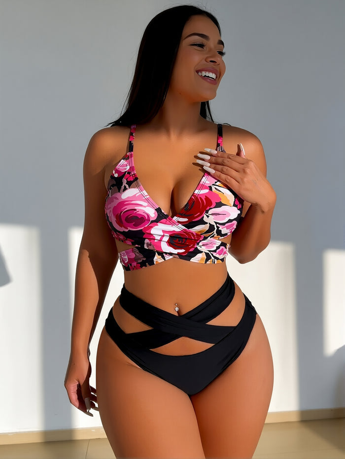 Women Mesh High Waisted Bikini Set Sexy V Neck Tummy Control Swimsuit Bathing Suit
