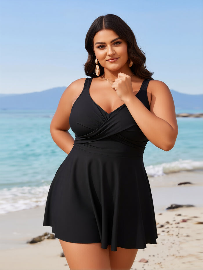 Women One Piece Swimsuit Tummy Control Slimming Bathing Suits V Neck Mesh Tie Back Swim Dress